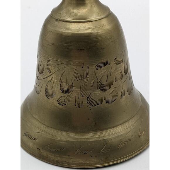 VTG Hand Held Brass w Wood Handle School Dinner Bell 9" India Signal Etched NICE - Picture 6 of 12